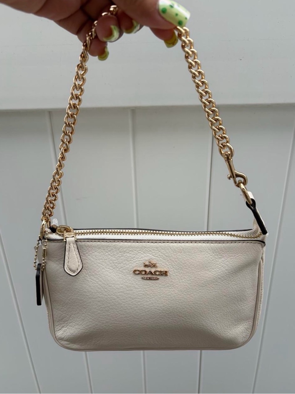 Coach Cream Pebbled Leather Shoulder Bag with Gold Chain